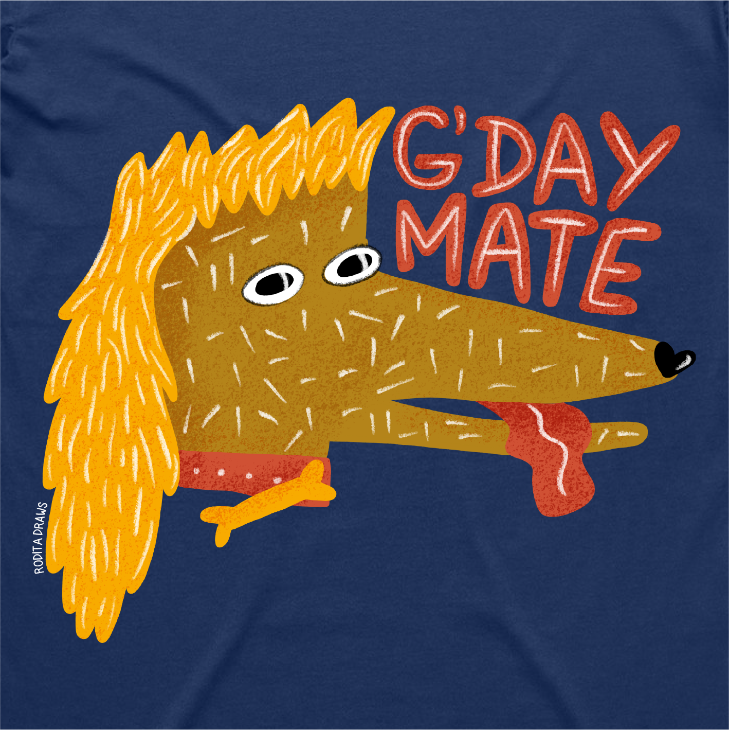 G'day Mate t-shirt close-up detail - Australian hand-drawn design